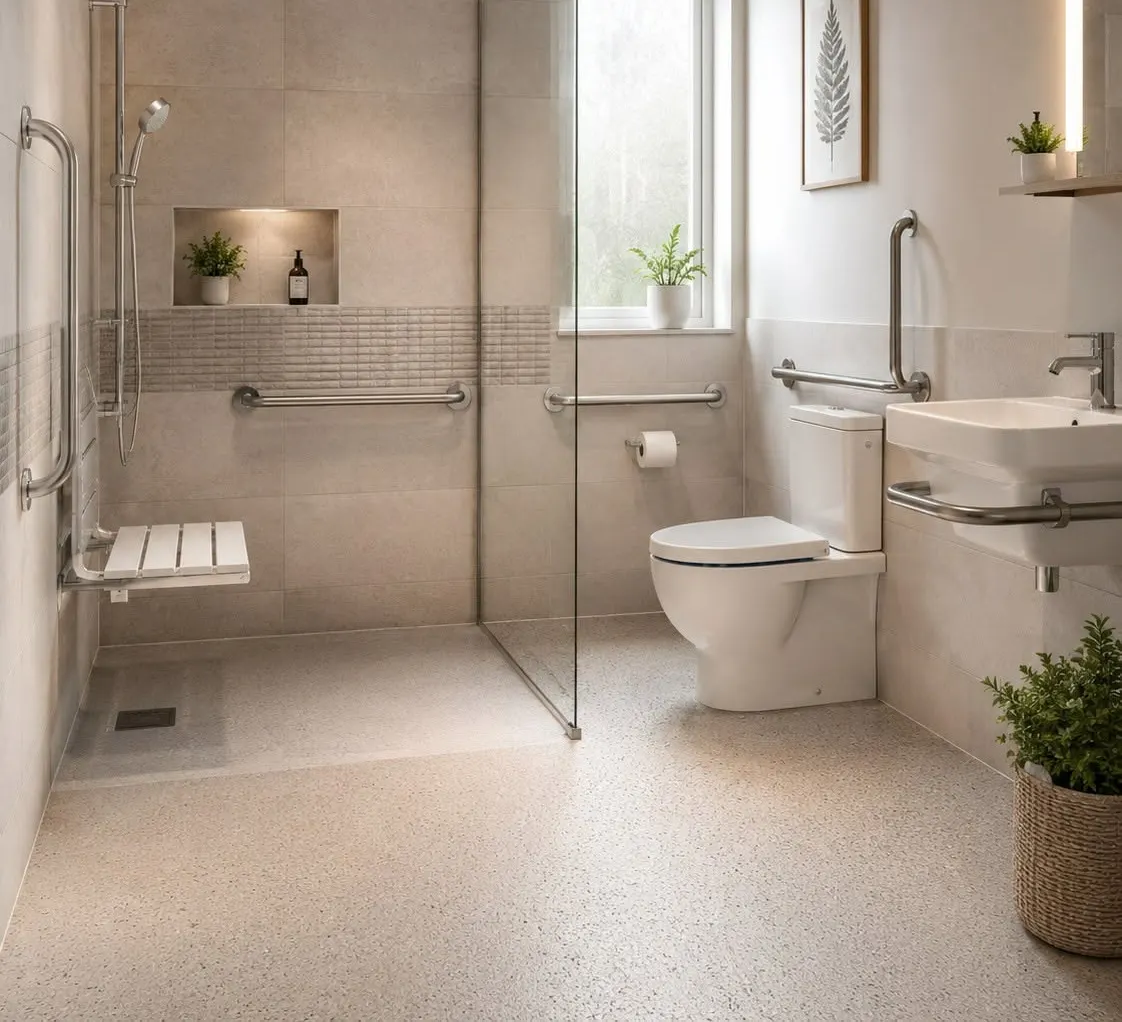 Level-access shower with a fold-down seat and grab rails, beside a toilet and basin with support rails